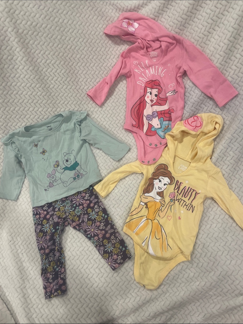 Disney Pink Ariel Hooded One-Piece with Yellow Belle Hooded Bodysuit Set